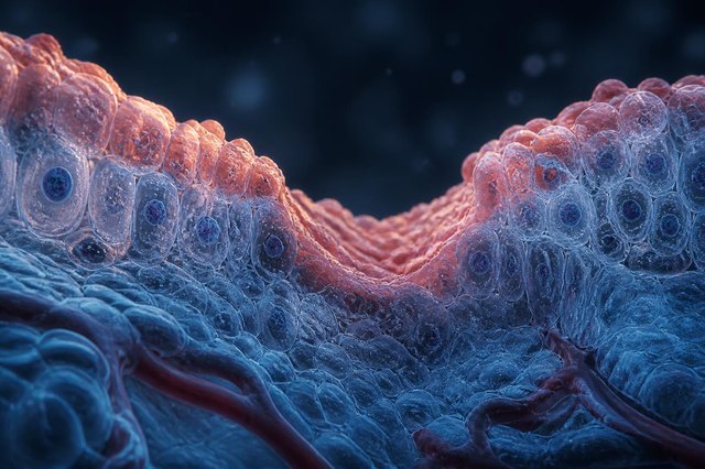 Cinematic 3D visualization of regenerating gut lining tissue with translucent cells lit by warm coral light