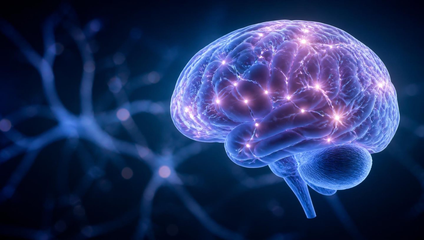 Cinematic 3D visualization of the human brain with glowing synaptic activity and neural pathways.