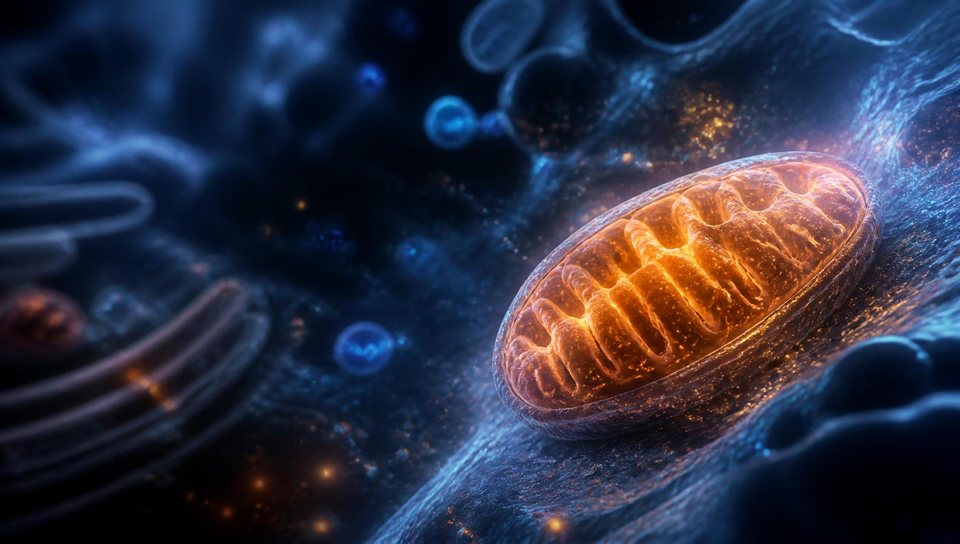 Cinematic 3D macro visualization of a mitochondrion inside a cell with glowing energy transfer.