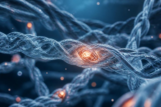 Cinematic 3D visualization of collagen triple-helix fibers with a glowing copper particle at the center