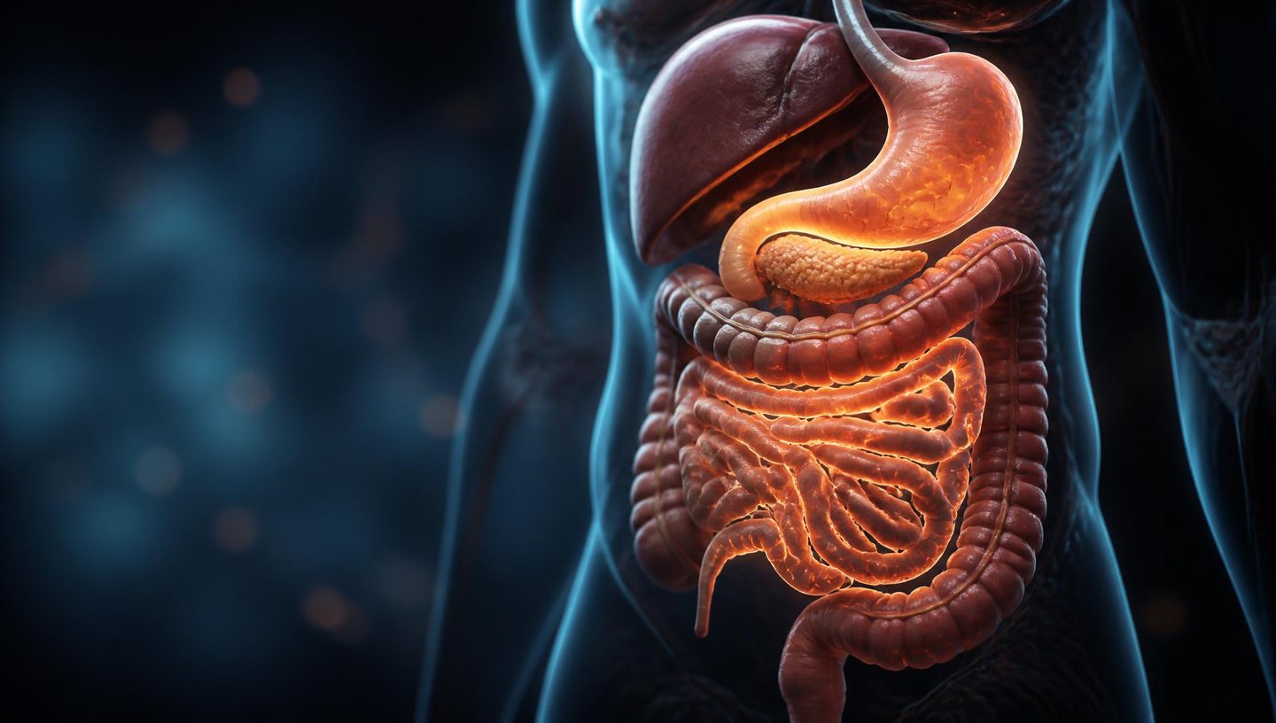 Cinematic 3D visualization of the stomach, intestines, liver and pancreas with warmly illuminated gut pathways.