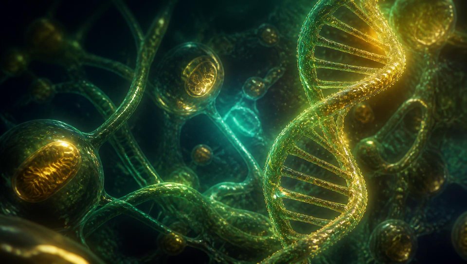 Cinematic 3D visualization of DNA strands and mitochondria in a luminous cellular network.