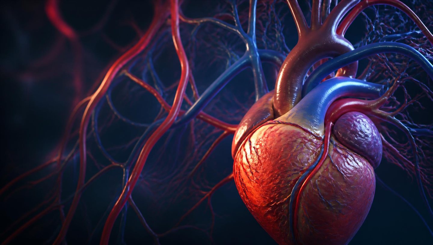 Cinematic 3D visualization of the human heart and vascular network with illuminated circulation.