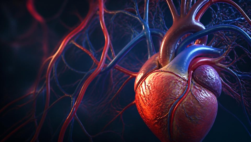 Cinematic 3D visualization of the human heart and vascular network with illuminated circulation.