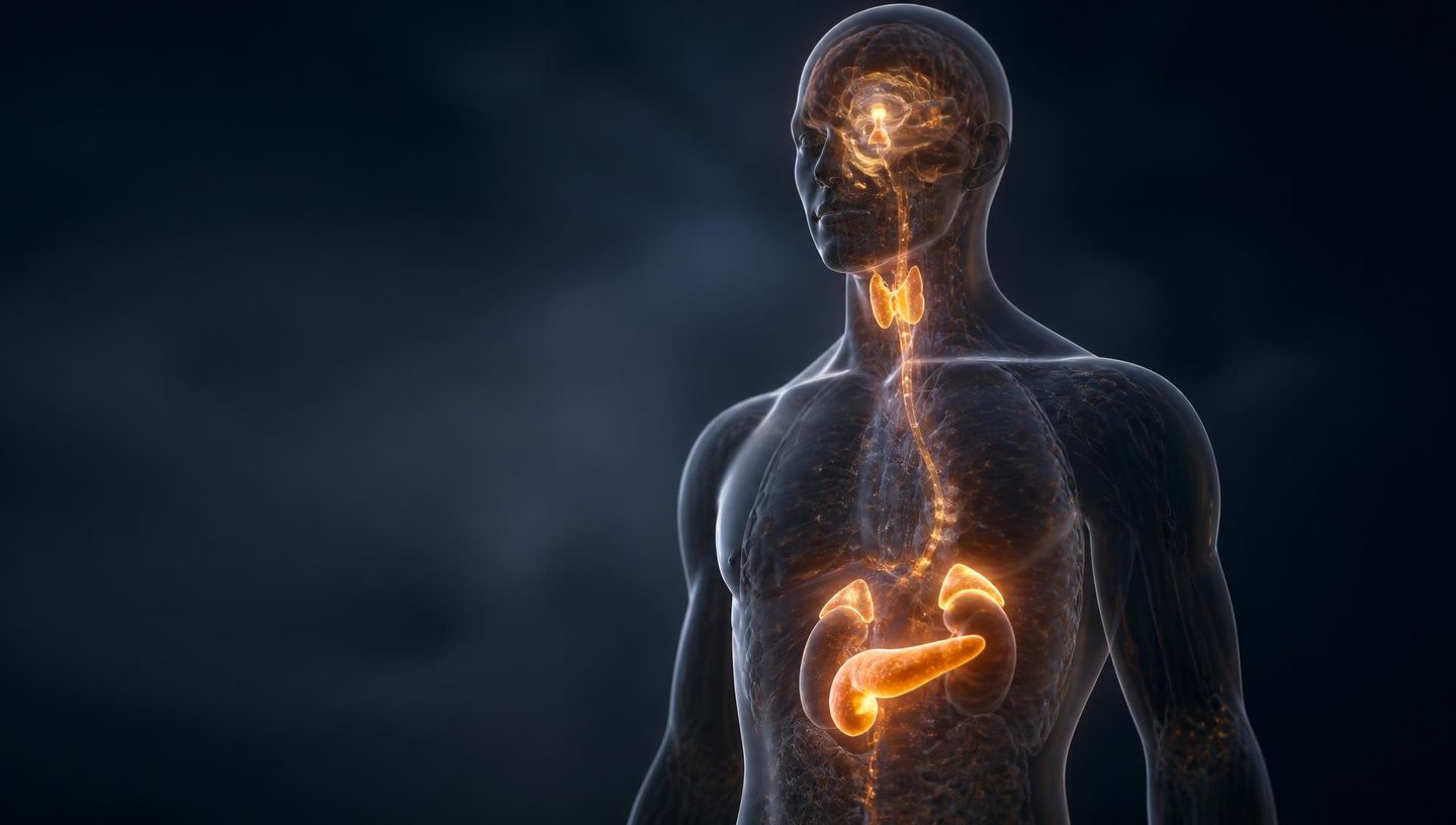 Cinematic 3D visualization of the endocrine system with illuminated pituitary, thyroid, adrenal and pancreatic regions.