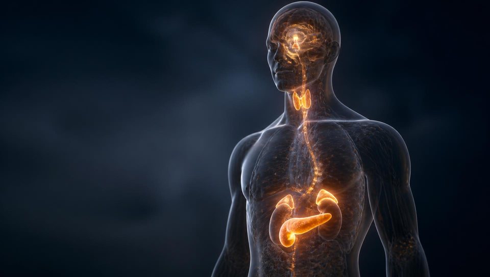 Cinematic 3D visualization of the endocrine system with illuminated pituitary, thyroid, adrenal and pancreatic regions.