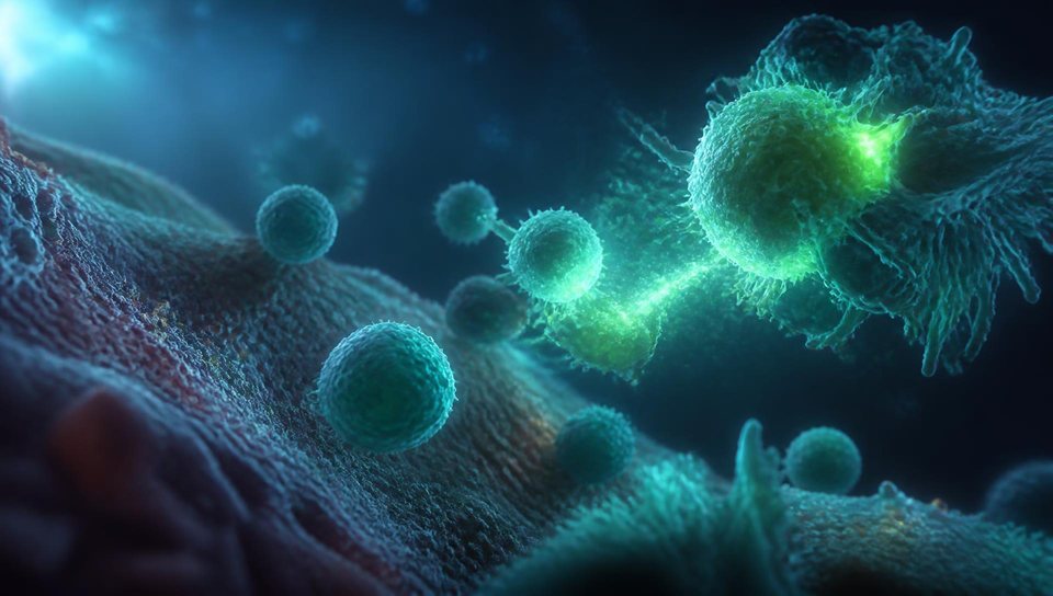 Cinematic 3D visualization of immune cells signaling within tissue in teal and green light.