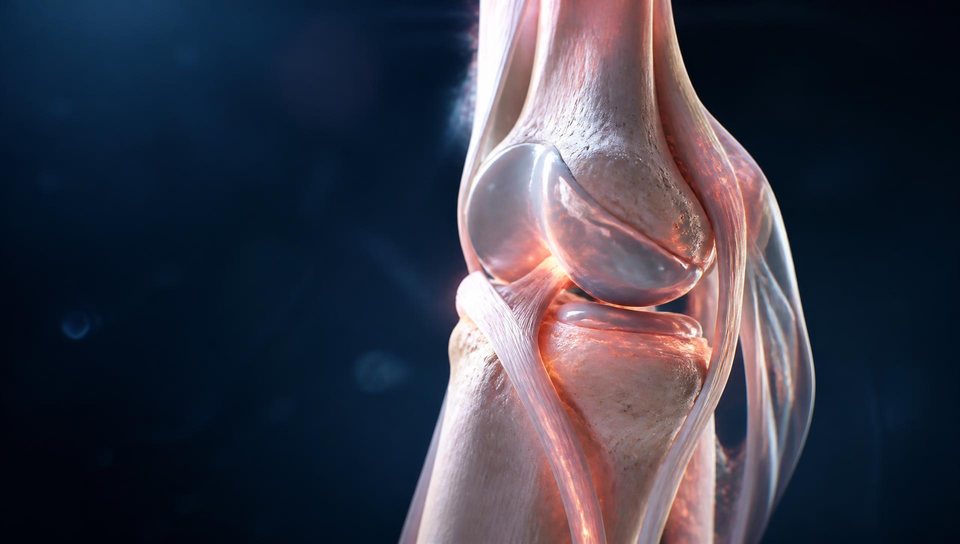 Cinematic 3D visualization of a knee joint showing cartilage, tendons and ligaments with illuminated repair pathways.