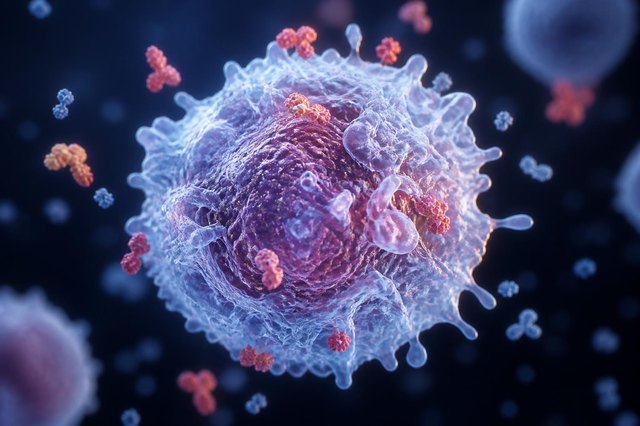 Cinematic 3D visualization of an immune cell surrounded by coral-colored signaling molecules