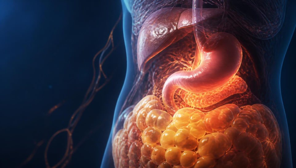 Cinematic 3D visualization of the stomach, pancreas, liver and abdominal tissue with illuminated metabolic pathways.