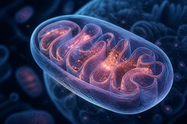 Cinematic 3D visualization of a mitochondrion cross-section with glowing inner cristae
