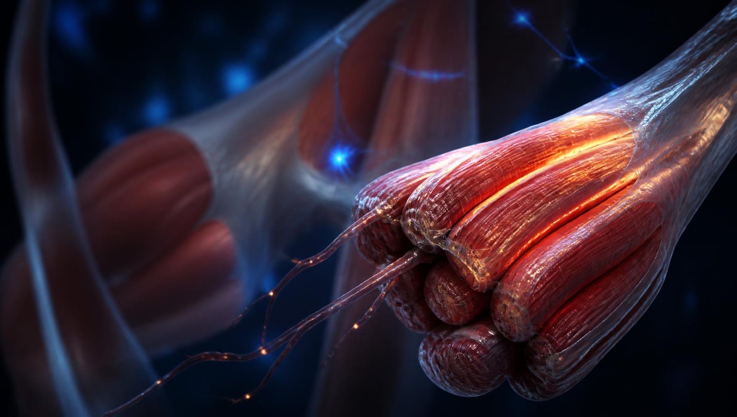 Cinematic 3D visualization of skeletal muscle fiber bundles and tendons with illuminated recovery pathways.