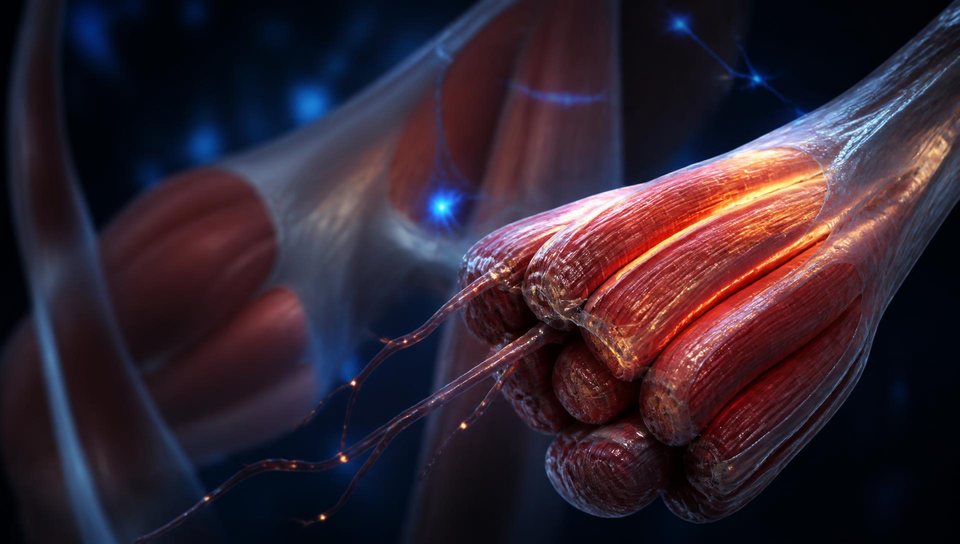Cinematic 3D visualization of skeletal muscle fiber bundles and tendons with illuminated recovery pathways.