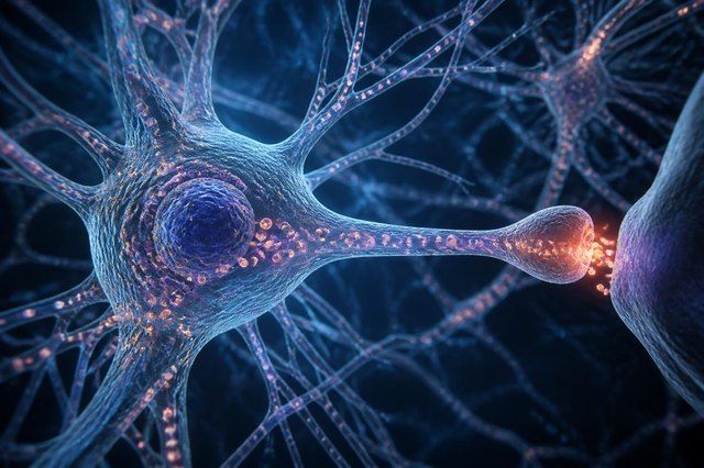 Cinematic 3D visualization of a neuron with illuminated dendrites and a firing synapse