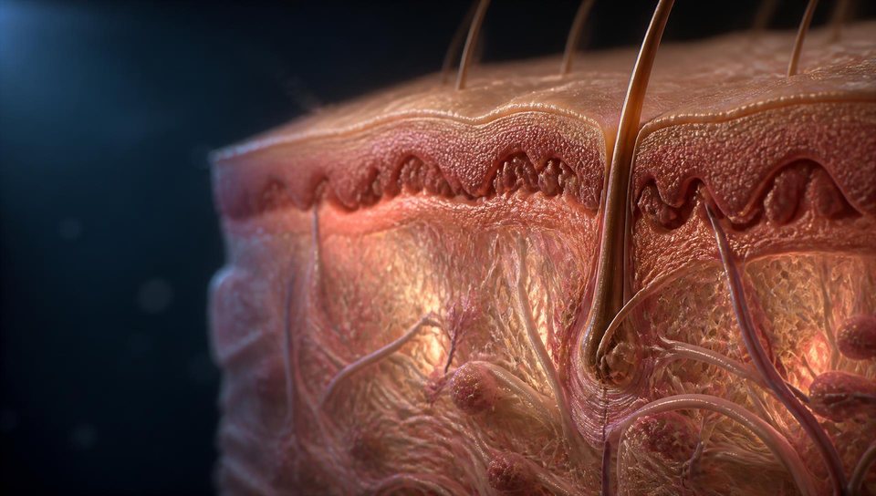 Cinematic 3D macro cross-section of skin layers, collagen fibers and a hair follicle.