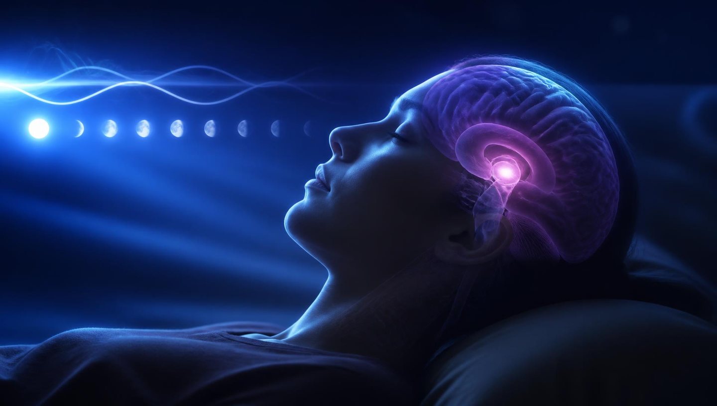 Cinematic 3D visualization of a sleeping human profile with the brain and pineal region illuminated against a circadian light cycle.