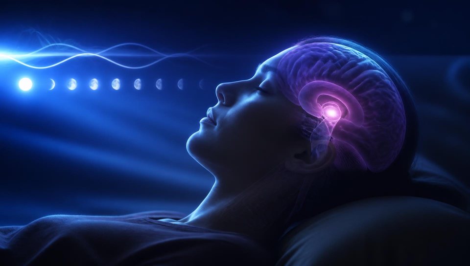 Cinematic 3D visualization of a sleeping human profile with the brain and pineal region illuminated against a circadian light cycle.