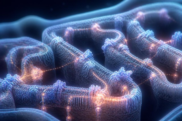 Cinematic 3D visualization of inner mitochondrial membrane folds with glowing electron transport activity